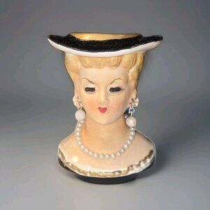 Antique Artmark Japan Lady HEAD VASE Black, Pearl Necklace, Earrings